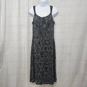 Vintage Y2K Babydoll Black Midi Gray Dress Sleeveless Goth Fairy Boho Floral L